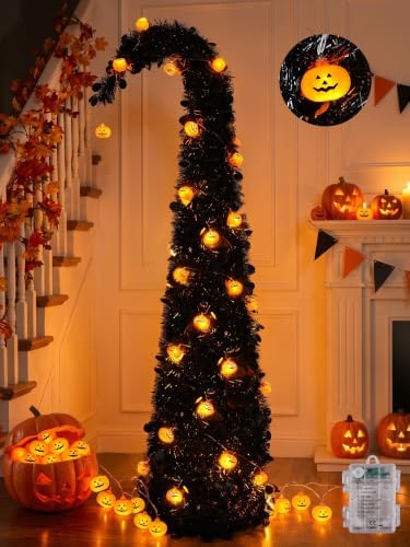 Brizled Prelit Black Halloween Tree, 5 ft Fall Tree with LED Pumpkin Lights