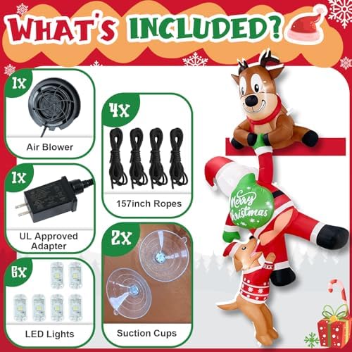8FT Hanging Christmas Inflatables Outdoor Decorations Santa, Reindeer, Dog