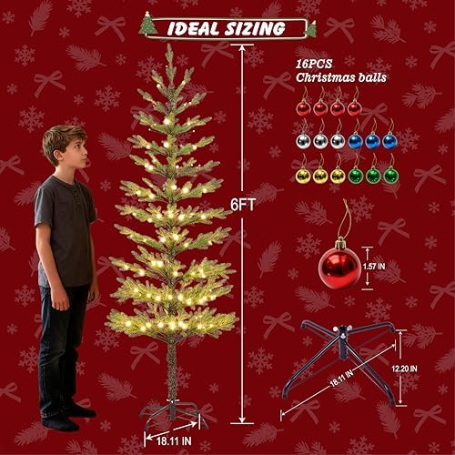 Lightshare 6FT 132L Warm White Evergreen Pine Needle Tree, Pencil Christmas Tree Lighted Pyramid Design with Ornaments, Remote Control & Dimmable, Artificial Christmas Holiday Decoration