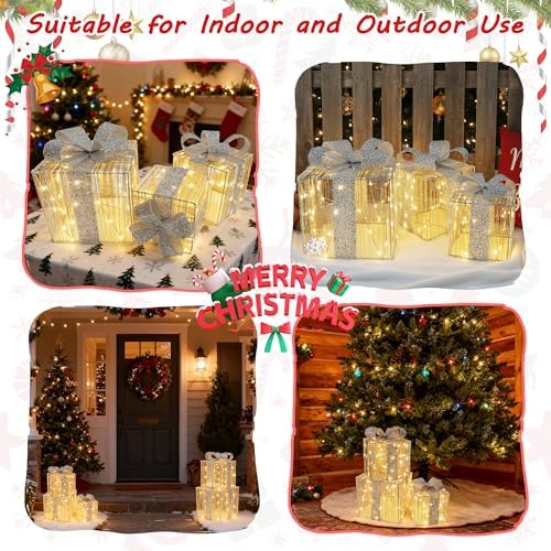 Set of 3 Christmas Lighted Gift Boxes - Silver 140 LEDs Outdoor Decoration