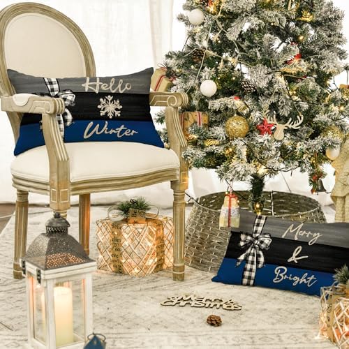 AVOIN colorlife Merry Christmas Joy Xmas Trees Blue and Black Throw Pillow Covers, 12 x 20 Inch Christmas Winter Holiday Cushion Case Decoration for Sofa Couch Set of 4