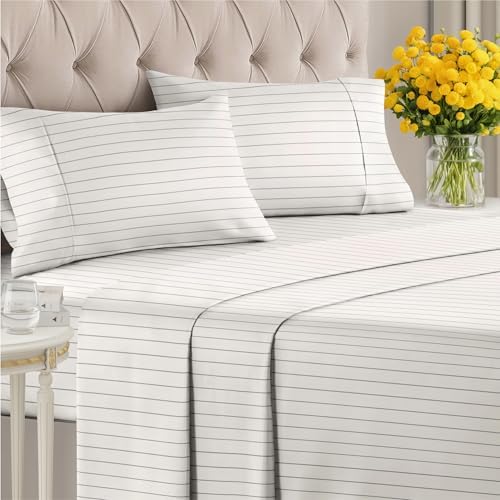 Queen 4 Piece Striped Sheet Set - Soft, Breathable & Cooling - Cream Stripe