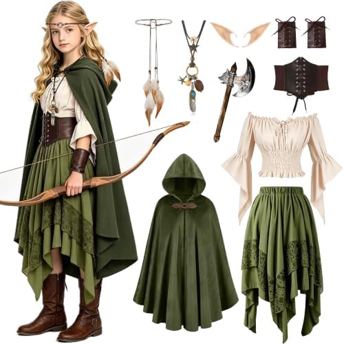 9Pcs Medieval Renaissance Viking Archer Elf Costume for Girls