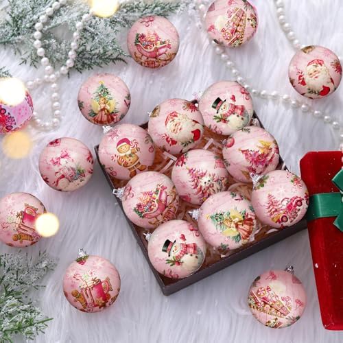 Outus 24 Pcs Christmas Tree Ornaments Ball Vintage Pink Christmas Decorations for Tree Vintage Style Santa Claus Snowman Hanging Ornaments Farmhouse Home Fireplace Decoration Holiday Party Favors