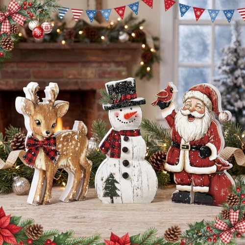 Barydat 3 Pcs Christmas Table Decoration Wooden Snowman Santa Reindeer Sign