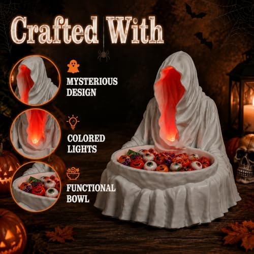 basen Halloween Candy Bowl, White LED Grim Reaper Resin Tabletop Decor