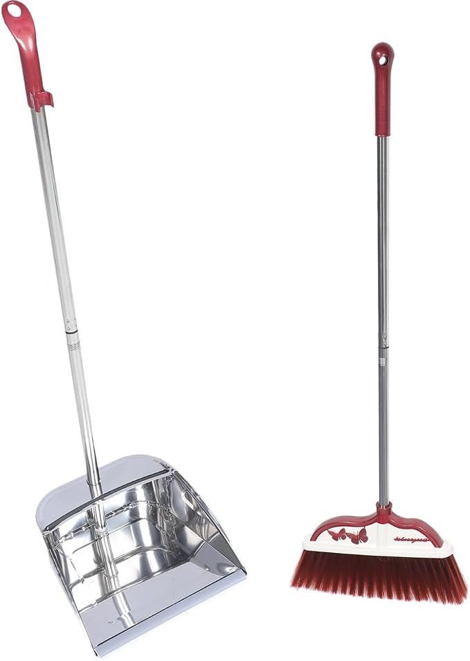Mikinona Broom and Dustpan Set with Long Handle, Light Weight Stainless Steel Poles Stand Upright Dustpans with Broom Combo for Home Kitchen Office Pet Dog Hair
