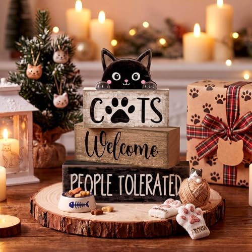Lineshading 4 Pcs Cat Wooden Sign Set, Farmhouse Tiered Tray Decor