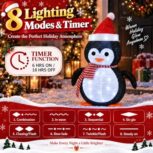 27.5-Inch Lighted Christmas Penguin for Outdoor Christmas Decorations, Pop-Up Penguin Yard Decor with 45 Cool White LEDs, Battery-Operated Timer, Collapsible Metal Frame for Porch and Lawn
