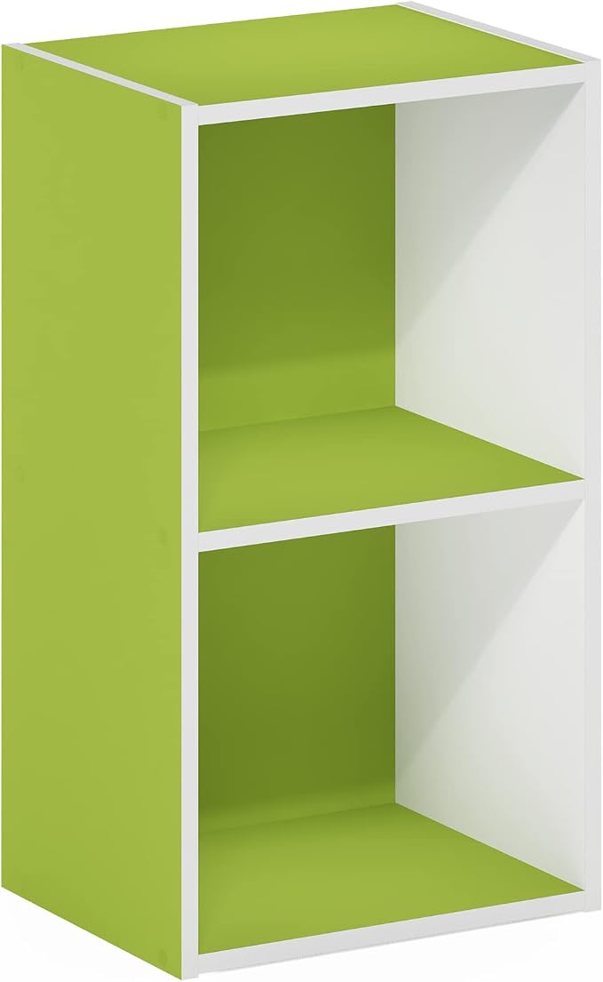 Furinno PASIR Book Shelf, 2-Tier Modern Bookshelf, Open Shelves Bookcase 9 x 12 x 21, Easy Assembly, for Living Room, Bedroom, Home Office, Green/White