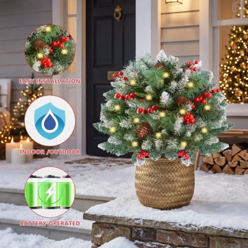 2 Pack Artificial Christmas Urn Filler, Pre-lit Lighted Christmas Tree
