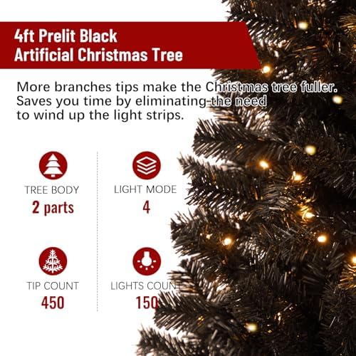 4ft Black Prelit Artificial Christmas Tree,Arbol de Navidad Fake Xmas Tree