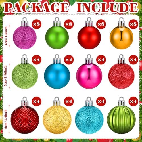 Lunmon 64 Pcs Neon Christmas Ball Ornaments Shiny Bright Multicolor Baubles