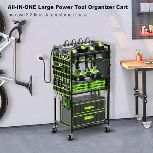 JUNNUJ Power Tool Organizer Cart with Charging Station, 6 FT Cord, Green