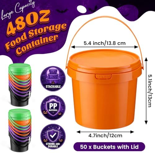 Funnymoom 50 Pack 48 oz Halloween Trick or Treat Candy Buckets for Parties