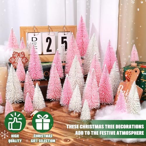 30Pcs Mini Christmas Trees Artificial Christmas Tree Bottle Brush Trees with Wooden Base for Christmas Decor Christmas Party Home Table Craft Decorations(Pink+White)