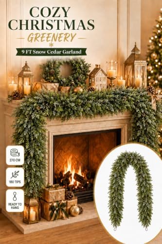 9 FT Christmas Cedar Garland, Real Touch Artificial Greenery, Mantel Decor