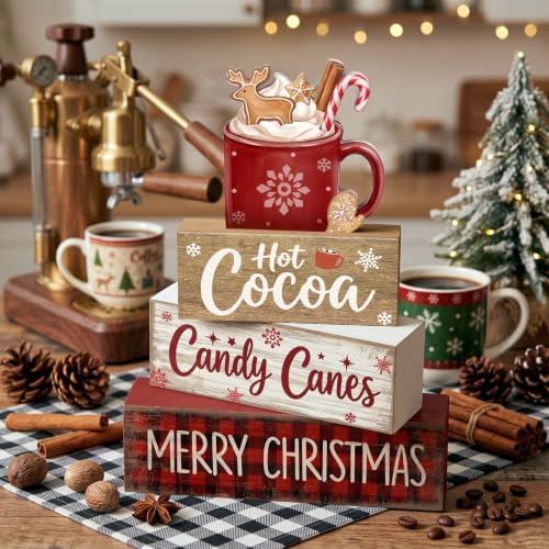 Moucuny 4 Pcs Christmas Table Decorations Wooden Hot Chocolate Cocoa Stacked Wooden Blocks Christmas Tiered Tray Decor with Cocoa Mug, Candy Canes Winter Centerpiece for Home Offiece Coffee Bar