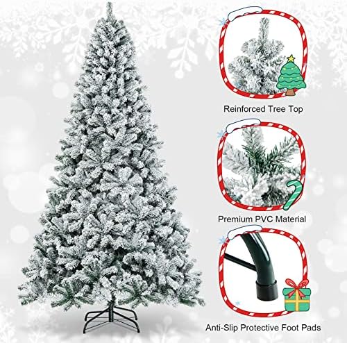 COSTWAY 9 FT Flocked Christmas Tree, Unlit Hinged Xmas Tree with 1498 Snowy Branch Tips & Metal Stand, Artificial Christmas Tree for Home Office Party Decoration, Green & White