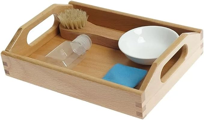 Montessori Shoe Cleaning Practical Life Set, Kids Shoe Washing Work Tray with Wooden Brush, Bowl, Spray Bottle & Cloth