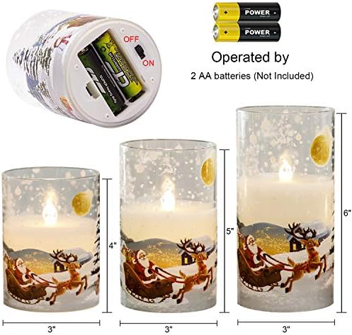 Santa Claus Glass Flameless Candles Battery Operated Remote and Timer Real Wax LED Flickering Pillar Candles White Cold Light Window Christmas Holiday Decor D3 x H4, 5", 6"