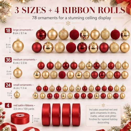 Halloscume 78 Pcs Christmas Ball Ornaments Ceiling Hanging Decor, Gold Red