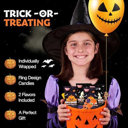 60 Pack Halloween Ring Candy - Individually Wrapped Holiday Themed Pumpkin And Skull Lollipops – Trick Or Treat Strawberry And Tutti Frutti Delicious Candys - Bulk Halloween Suckers Great Use, For Kids, Party Favor, Classrooms, Goodie Bags