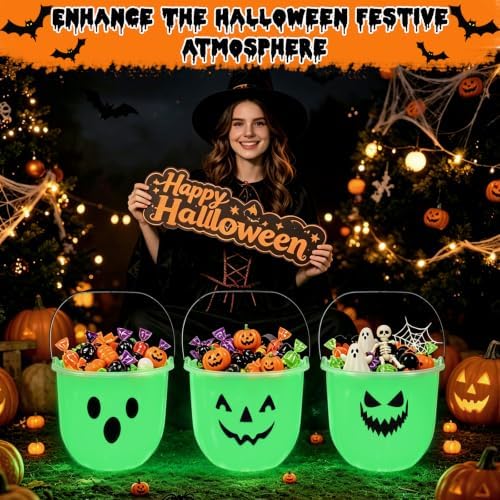 Halloween Glowing Candy Bucket Trick or Treat Plastic Pail,6 PCS