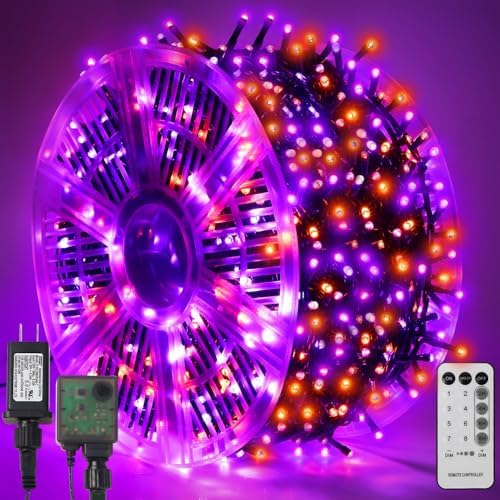 WATERGLIDE 1000 LED Halloween String Lights, 328 FT Green Wire LED Decorative Fairy Lights with Remote & 8 Modes, Waterproof for Outdoor Xmas Holiday Party Garden Wedding Home Decor, Orange & Purple