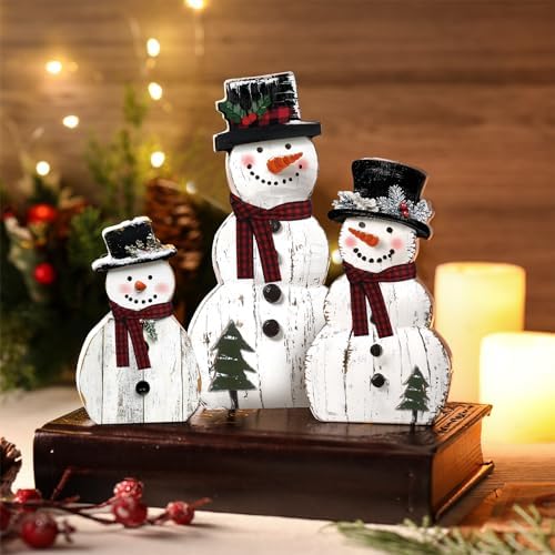 Barydat 3 Pcs Large Snowman Christmas Decoration Rustic Wooden Indoor Decor