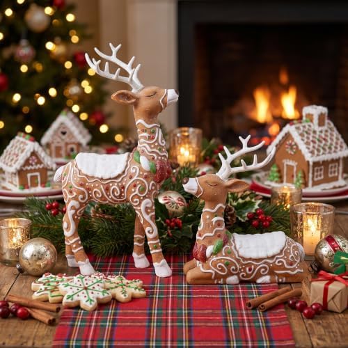 Amyhill 2 Pcs Gingerbread Christmas Reindeer Decorations Resin Figurines