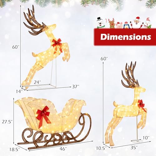 Tangkula 3-Piece Christmas Lighted Reindeer & Sleigh Set, Gold