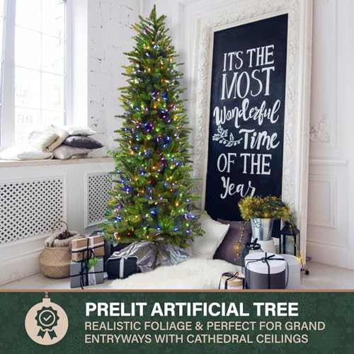 Fraser Hill Farm 9-Ft. Carmel Pine Slim Artificial Christmas Tree with Dual Multicolor & Warm White LED Lights and Stand, Prelit Foldable Fake Tree with Realistic Foliage for Home Decoration