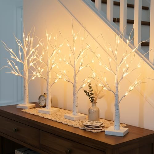 PEIDUO Christmas Decorations for The Home, 2FT BirchTree with LED Lights, Warm White Tree Lamp, Fairy Light Spirit Tree for Room Inside Fireplace Home Decor, Battery Powered, Timer (4PK)