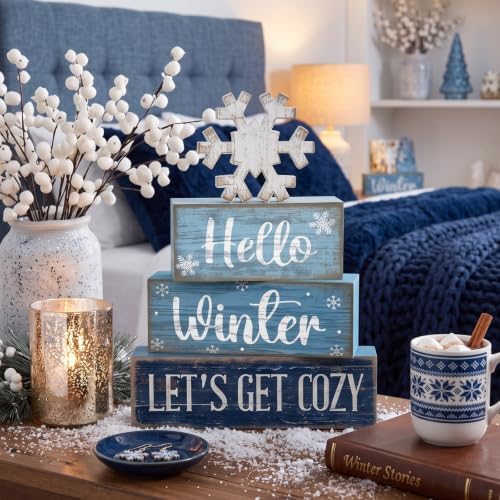 Lineshading 4 Pcs Snowflake Christmas Table Decorations Hello Winter Blocks