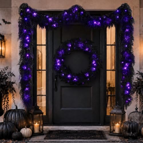 9FT Black Halloween Garland with Lights Realistic Prelit Christmas Garland