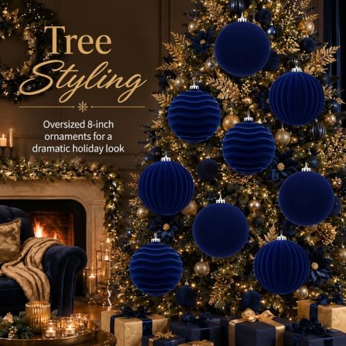 Hollowfly 6 pcs 6 Inch Navy Blue Large Velvet Christmas Balls Ornaments