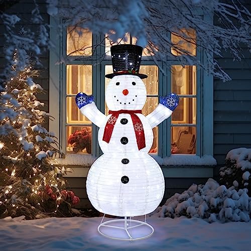 VINGLI 6FT Lighted Pop Up Snowman Christmas Decorations, 200 LED Warm White Lights with 20 Flashing Bulbs, Telescopic Snowflake Snowman for Outdoor Yard Lawn Porch, 30V Low Voltage Holiday Decor