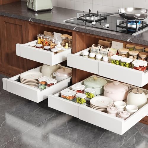 Seinloes Pull Out Cabinet Organizer,4-Side Expandable to Maximize Cabinet Space,Slide Out Drawers with 3 Rail Design,Roll Out Shelf with Raising Pad for Framed Cabinet,13"-21"W x 13"-17"D,White,2 Pack