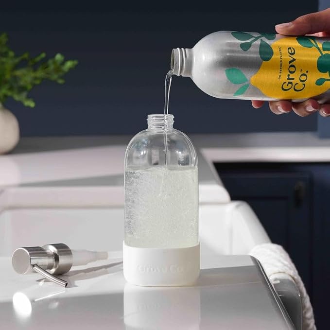 Grove Co. Ultimate Dish Soap Refill Bundle, Free & Clear Unscented, 3-Pack of 16 oz Aluminum Bottles with Reusable Glass Soap Dispenser, Plant-Based Grease-Cutting Formula