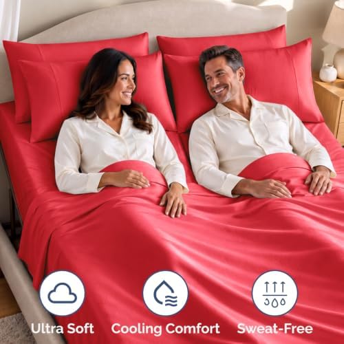 Flex Top Split Head King 4 Piece Sheet Set - Ultra-Soft, Breathable - Red