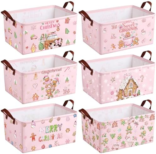 CHENGU 6 Pack Christmas Storage Basket Pink Collapsible Christmas Basket for Gifts Gingerbread Man Holiday Decor Large Gingerbread House Bin Foldable Xmas Tree Box with Handle for Bedroom Office Home