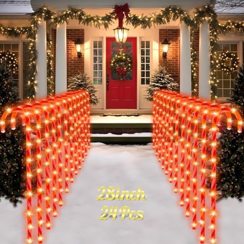 COOLWUFAN 28" 24 Pack Candy Cane Pathway Lights, Outdoor Christmas Decorations