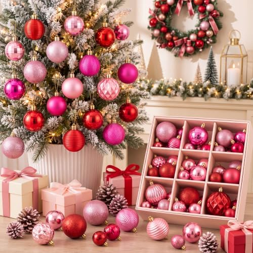 Lunmon 64 Pcs Christmas Ball Ornaments Red Pink and Hot Pink Xmas Bulbs