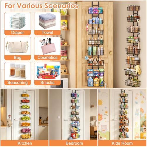 Hongtamoya 8 Tier Over The Door Organizer, Adjustable Hanging Door Organizer with 8 Wire Baskets 6 Hooks, Behind The Door Storage for Pantry Closet Bedroom Bathroom Cabinet Kitchen Laundry Room, Black
