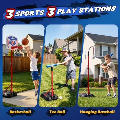 EagleStone 3 in 1 Kids Basketball Hoop and T Ball Set for Kids 3-12