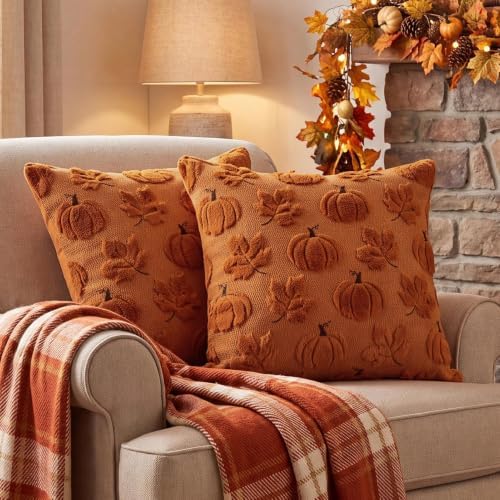 Fall Pillow Covers 20x20 Set of 2 Double-Sided Plush Maple & Pumpkin