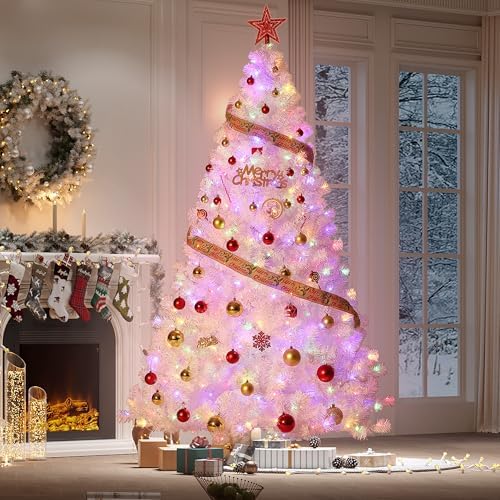 GarveeHome 7.5 ft Prelit Artificial Christmas Tree with 450 Warm White Lights, Pre-Lit Snow Flocked Pencil Christmas Tree, Foldable Base,Holiday Decoration for Home, Office, Party,Laser White