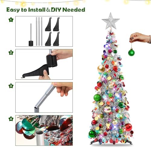N&T NIETING Pop Up Christmas Tree with Lights & Ornaments, 5FT, Lake Blue