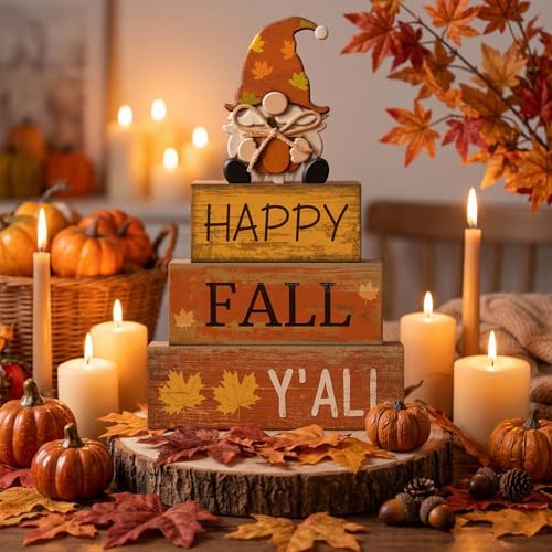 Lineshading 4 Pcs Fall Table Decor Wooden Block Signs with Gnome Set